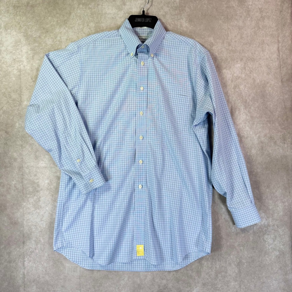 Paul Fredrick Button Down Shirt Mens 15.5 33 Blue Grid Check Long Sleeve Cotton